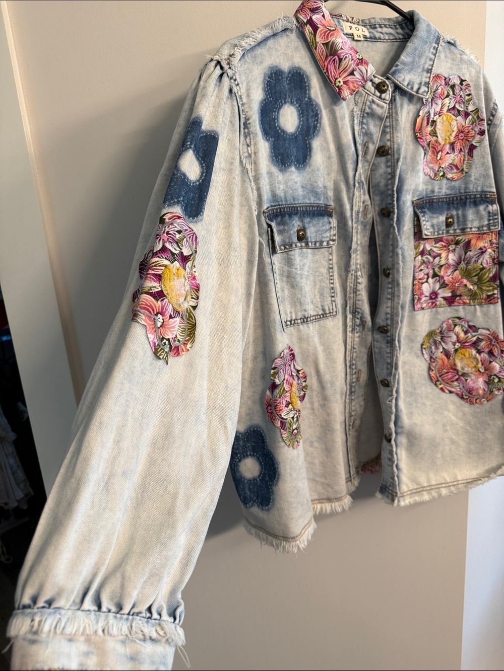 POL Light Blue Acid-Wash Denim Jacket with Pink Floral Patches - Picture 6 of 9